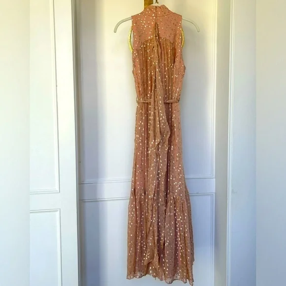 ZIMMERMANN SLEEVELESS TIE NECK DRESS Size 2 Blush Gold MIDI Party Glitter Dress - Picture 7 of 13